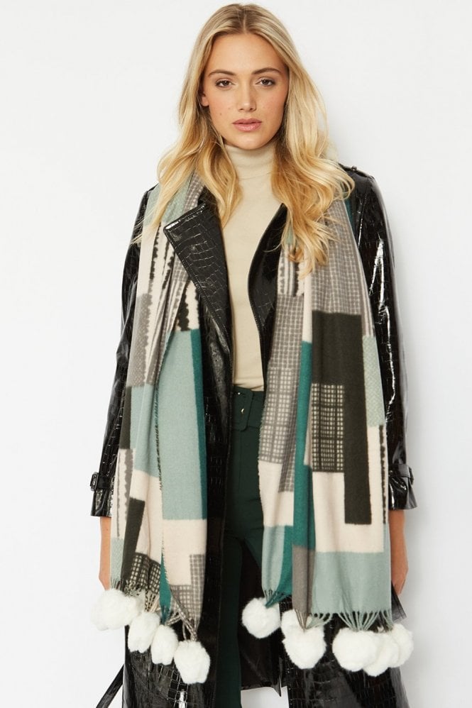 JAYLEY Green Cashmere Wrap with Pom Poms