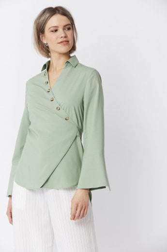 Green Cotton Blend Wrap Top