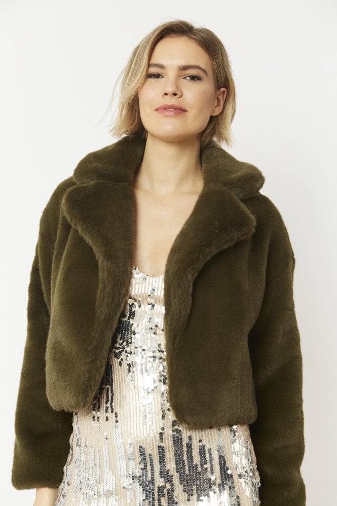 JAYLEY Green Faux Fur Cropped Coat