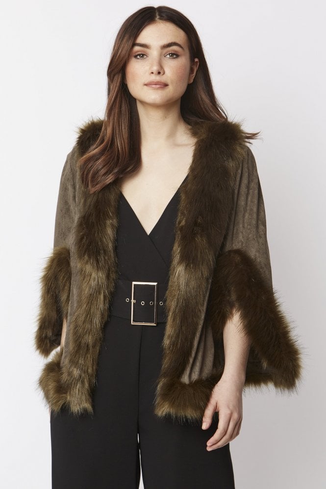 JAYLEY Green Faux Fur Faux Suede Cape Jacket