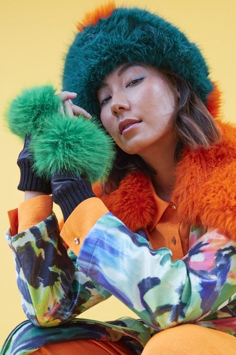 Green Faux Fur Fingerless Gloves