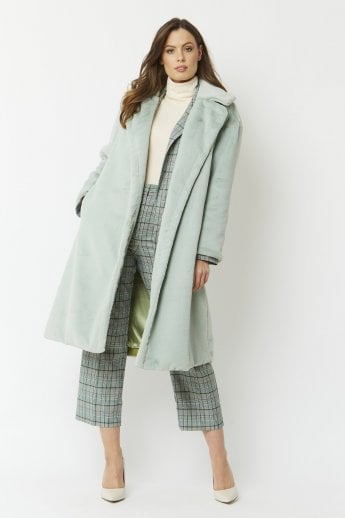 Green Faux Fur Midi Shaved Shearling Coat