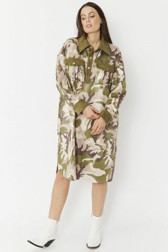 Green Faux Suede Camo Print Utility Dress