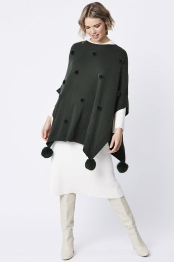 Green Fine Knit Cashmere Blend Pom Pom Poncho