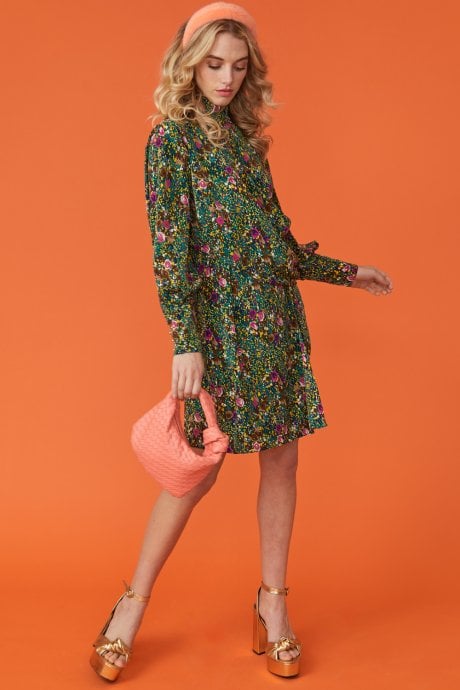 Green Floral High Neck Dress with Long Sleeves