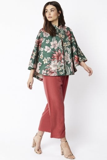 Green Floral Print Faux Suede Cape Jacket