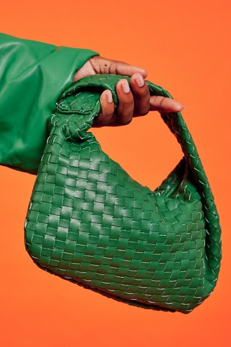Green Jodie Small Woven Shoulder Bag with Knot Detail