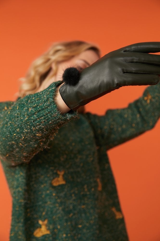 JAYLEY Green Leather Gloves with Mink Bobble