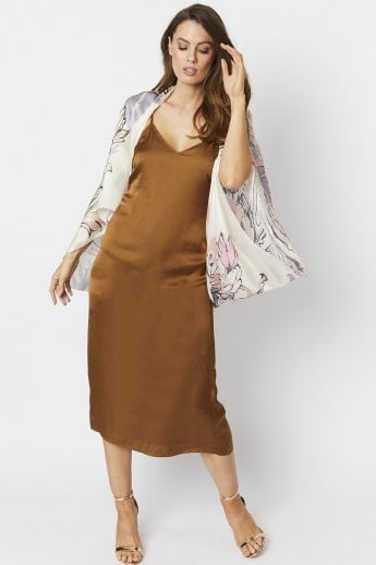 Green Silk Blend Print Kimono Shawl Wrap