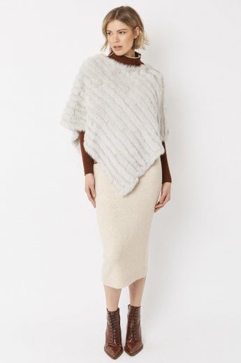 Grey Cashmere Blend Coney Fur Poncho