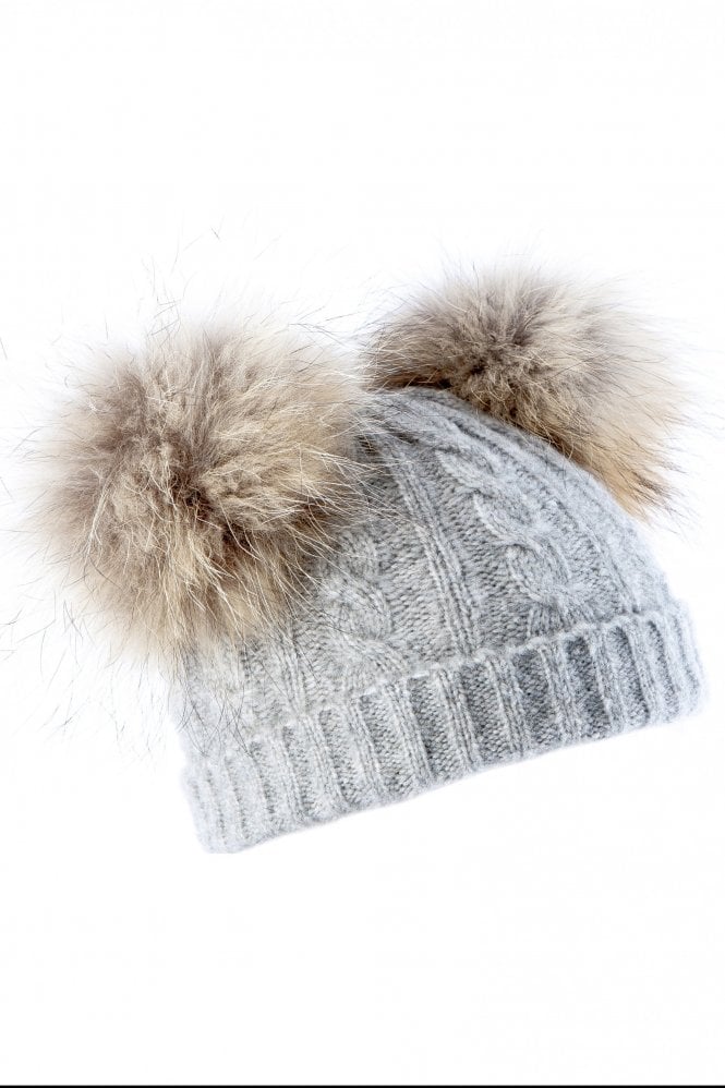 JAYLEY Grey Cashmere Blend dual bobble Fox Fur Hat