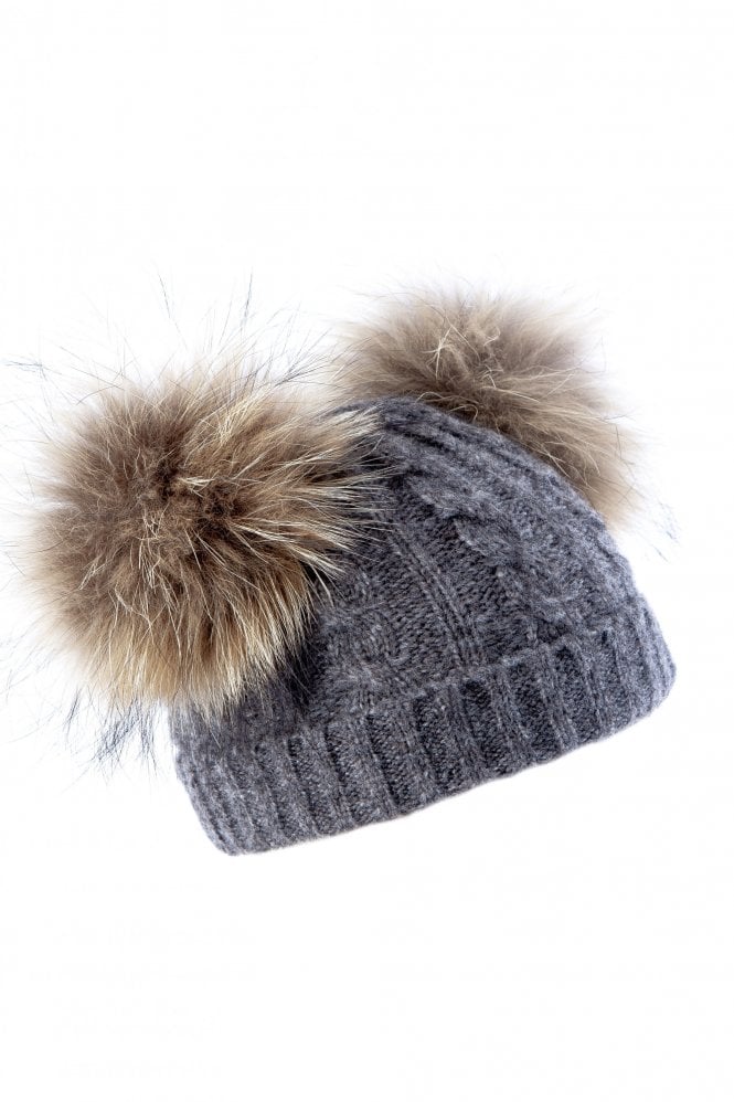 JAYLEY Grey Cashmere Blend dual bobble Fox Fur Hat