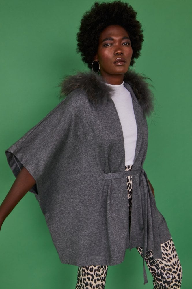 JAYLEY Grey Cashmere Hooded Fox Fur Belted Cape