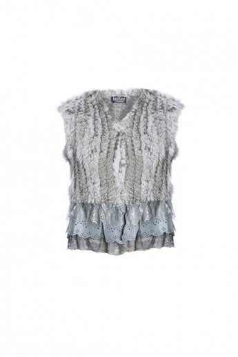 Grey Coney Fur Gilet with Leather Lace trim
