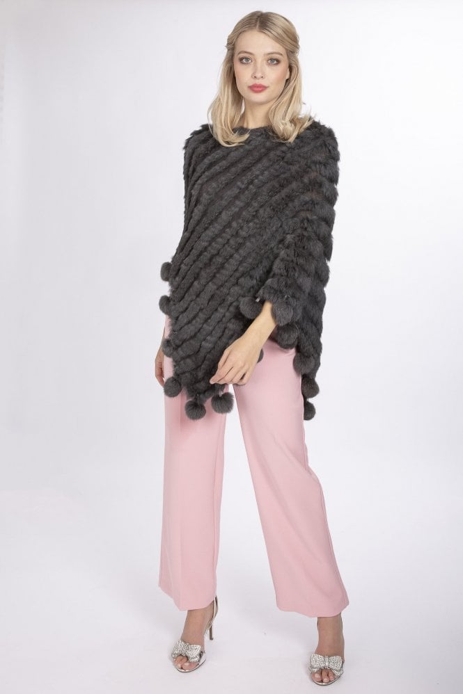 JAYLEY Grey Coney Fur Poncho with Pom Poms