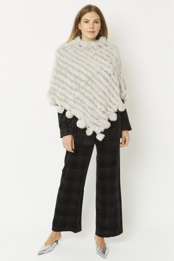 Grey Coney Fur Poncho with Pom Poms