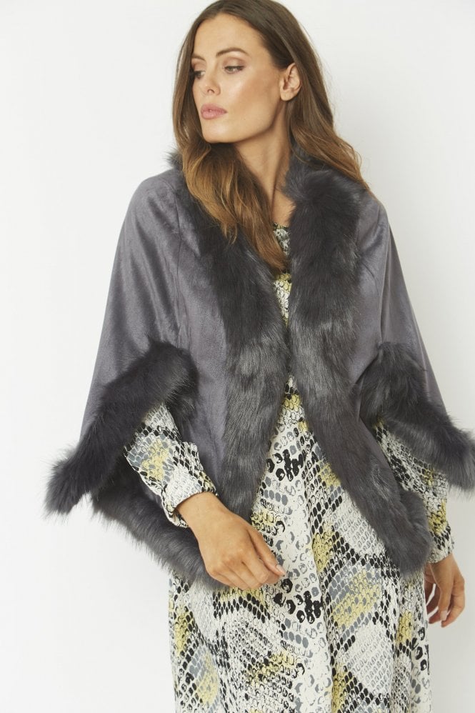 JAYLEY Grey Faux Fur Faux Suede Cape Jacket