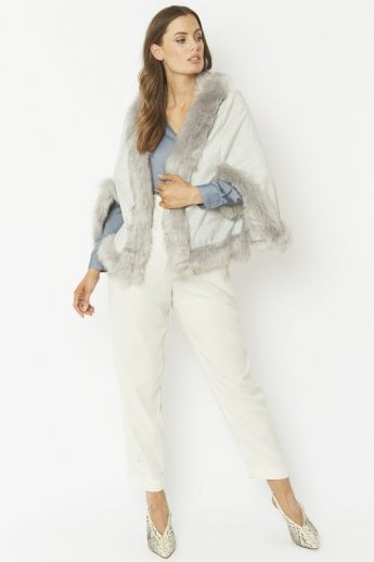 Grey Faux Fur Faux Suede Cape Jacket