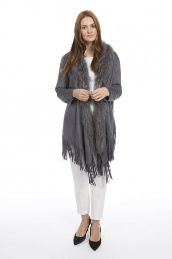 Grey Faux Suede and Fox Fur Tassel Trim Coat