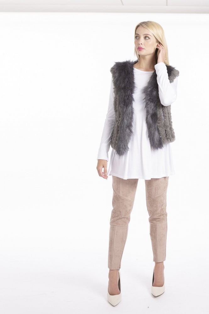 JAYLEY Grey Faux Suede and Knitted Faux Fur Gilet
