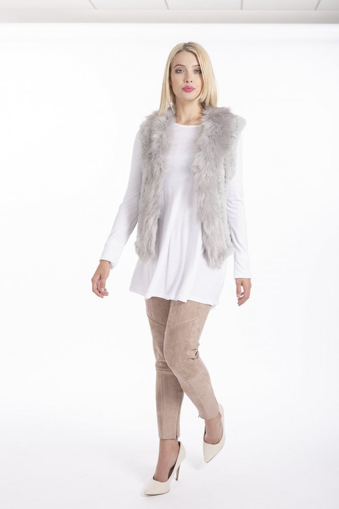 JAYLEY Grey Faux Suede and Knitted Faux Fur Gilet