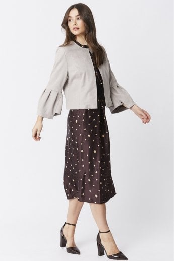 Grey Faux Suede Cropped Jacket With Frill Sleeve