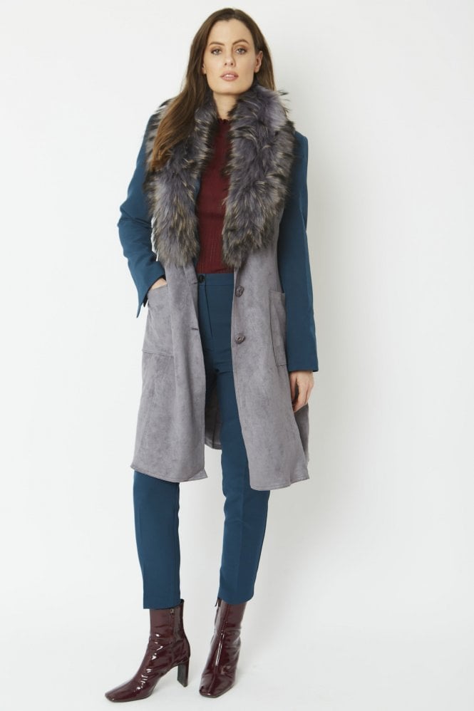 JAYLEY Grey Faux Suede Fox Fur Collar Gilet
