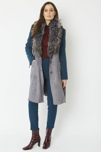 Grey Faux Suede Fox Fur Collar Gilet
