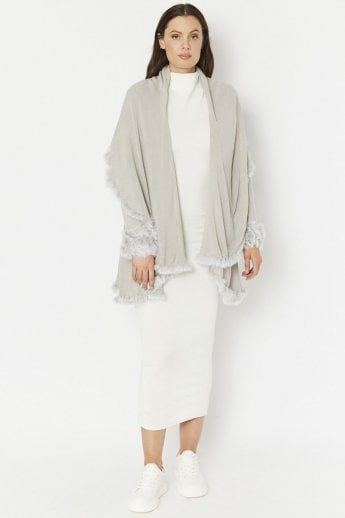 Grey Fine Knit Sleeved Cape Jacket with Coney Fur Trim