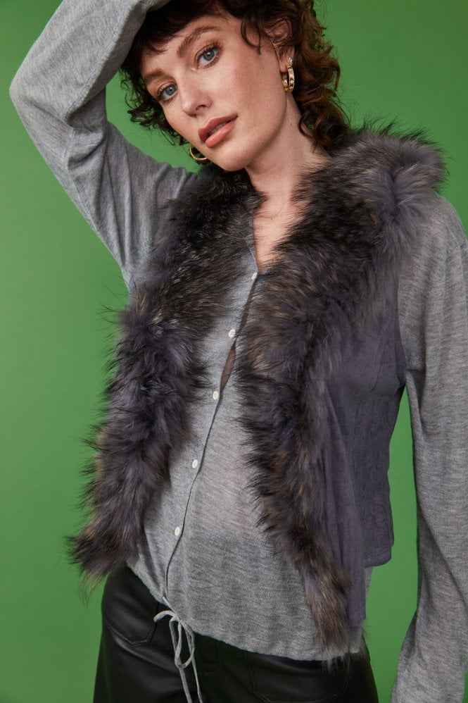 JAYLEY Grey Fox Fur and Faux Suede Gilet