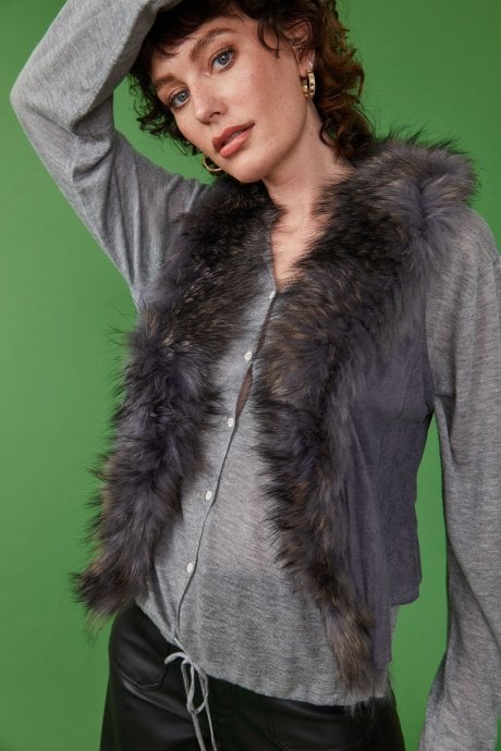 Grey Fox Fur and Faux Suede Gilet