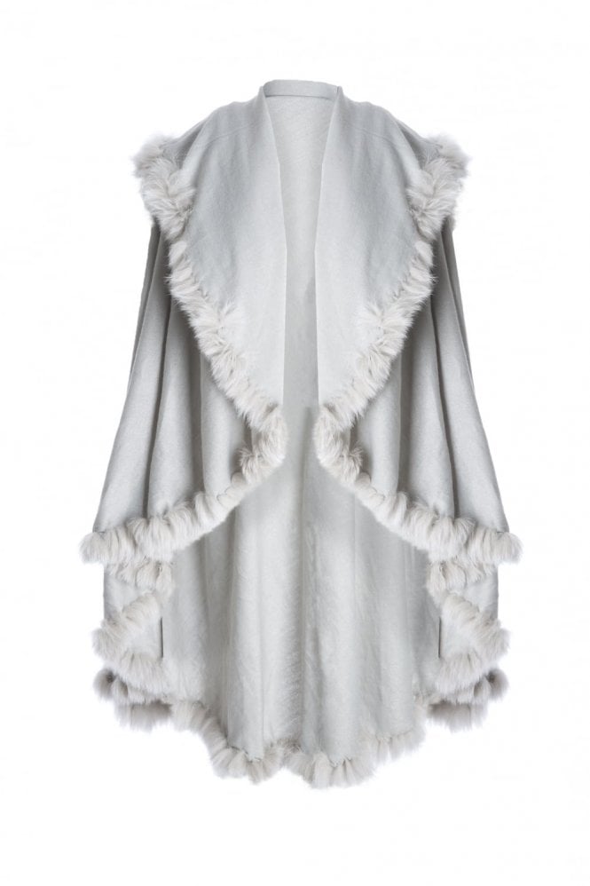 JAYLEY Grey Knitted Cape with Coney Fur Trim