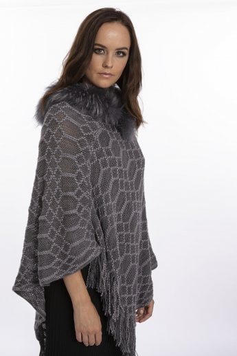 Grey Knitted Poncho with Fox Fur Collar