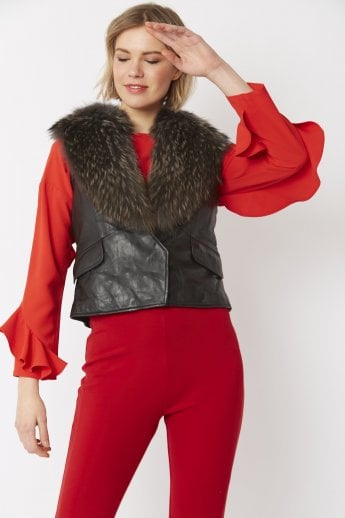 Grey Leather Gilet with Fox Fur Collar