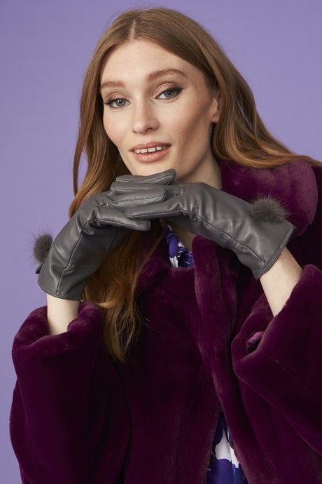 Grey Leather Gloves with Fur Bobble