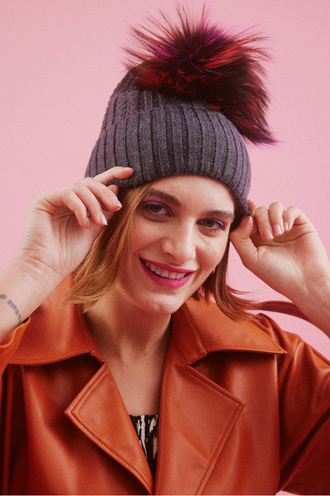 JAYLEY Grey Silk and Cashmere Fox Fur Pom Pom Hat