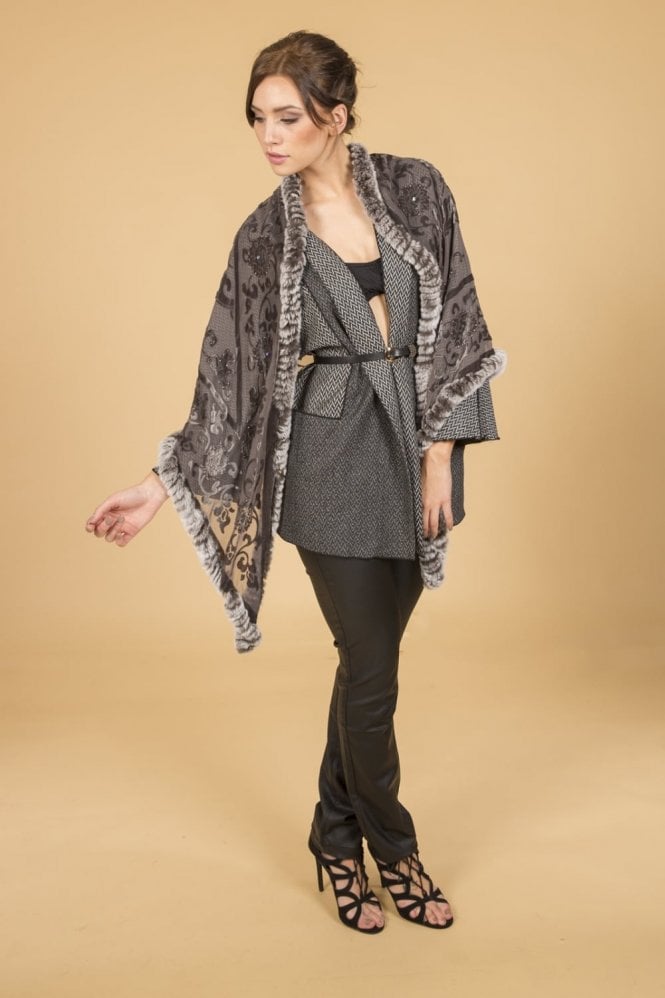 JAYLEY Grey Silk Devore and Fur Wrap