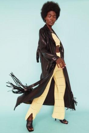 Hand Crafted Tassel Trench Coat in Metallic Bronzed Black