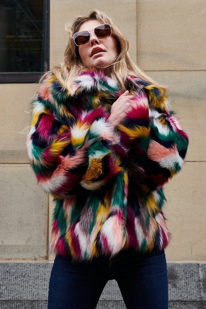 JAYLEY Hand Painted Multi-coloured Faux Fur Jacket - Womenswear
