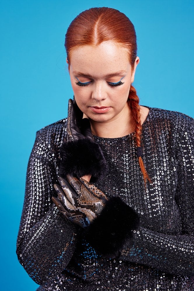 JAYLEY Khaki Leather Snake Print Effect Gloves with Faux Fur Cuff
