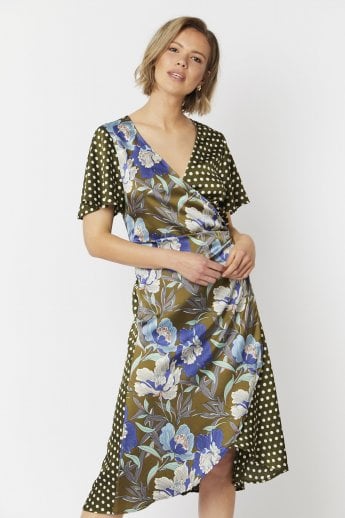 Khaki Silk Blend Mixed Print Wrap Dress