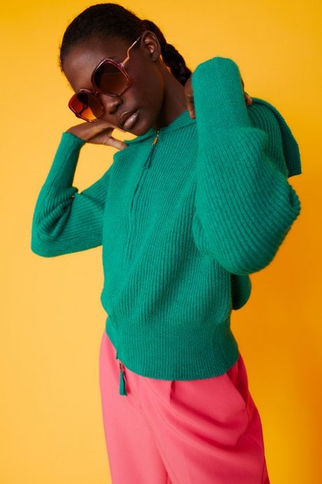 Knitted Banana Peel Zip Cardigan in Green
