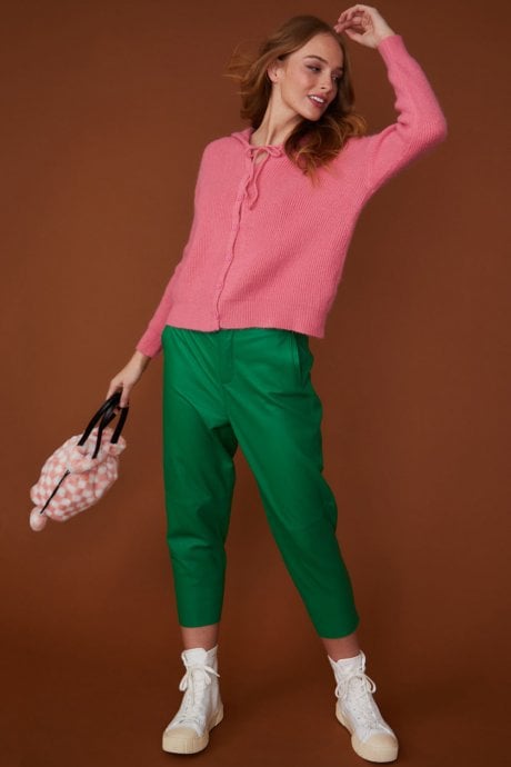 Knitted Banana Peel Zip Cardigan in Pink