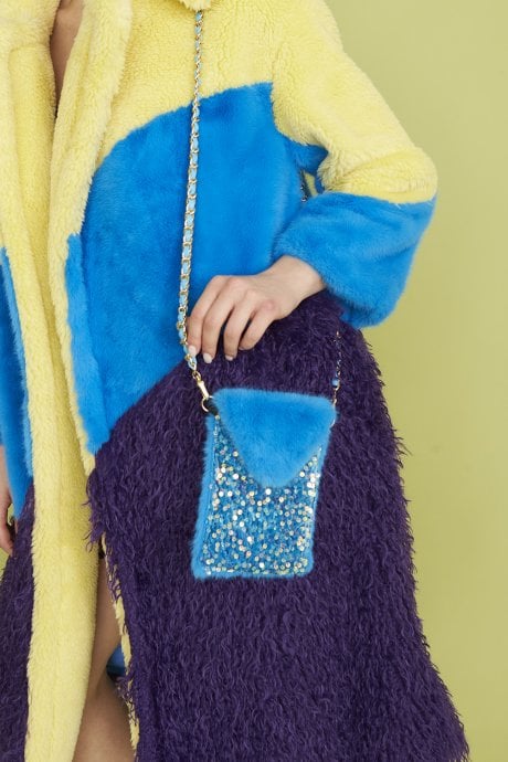 Light Blue Sequin and Faux Fur Phone Holder