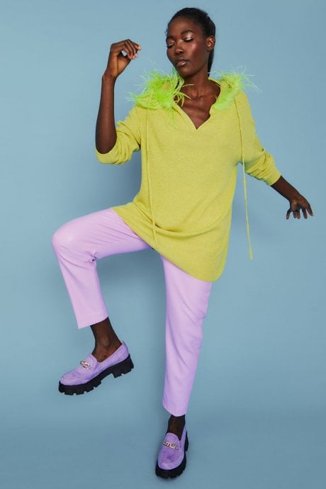 Lime Green Cashmere Blend Hooded Jumper with Feathered Hood