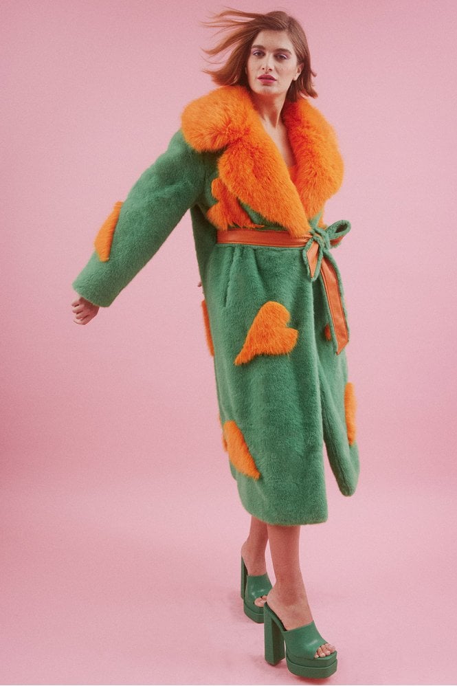 JAYLEY Maxi Eco Bamboo Faux Fur Coat with Love Heart Detailing