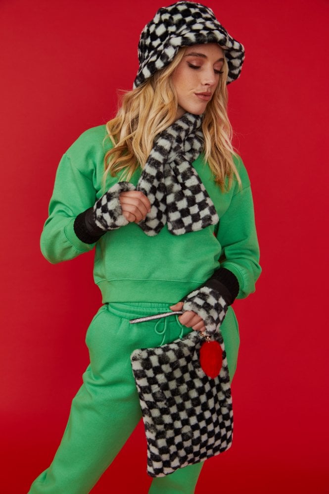 JAYLEY Mint and Black Checkered Luxury Faux Fur Bag