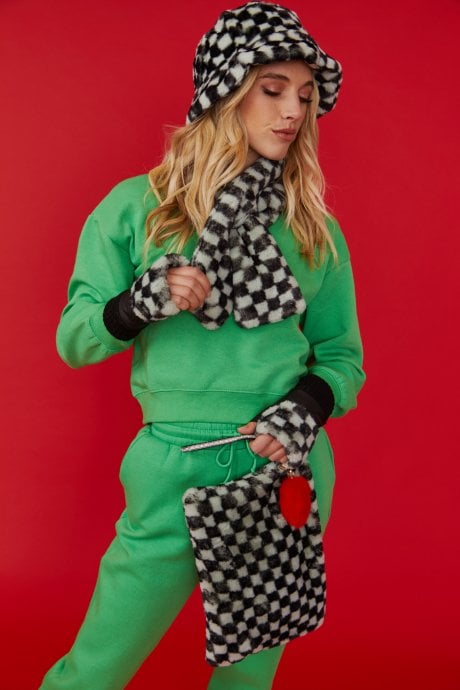 Mint and Black Checkered Luxury Faux Fur Bag