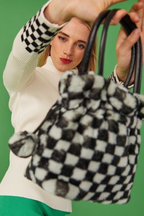 Mint Checkered Faux Fur Bag Faux Fur Bag