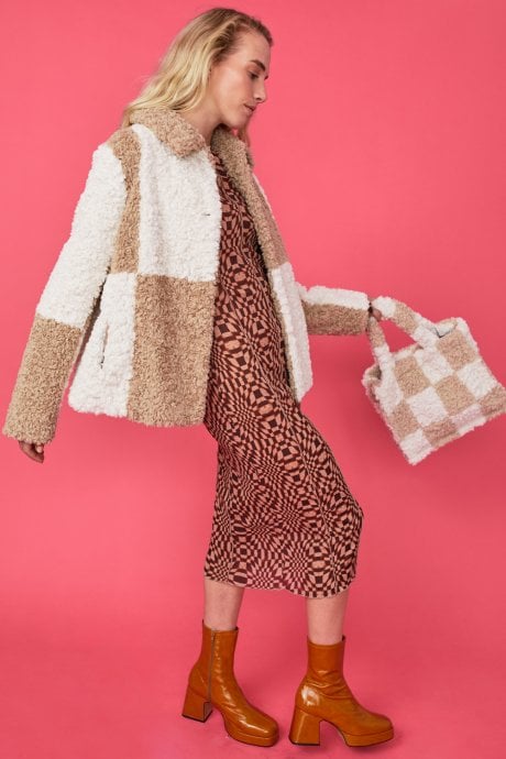 Mocha and Cream Faux Shearling Checkered Oversized Coat